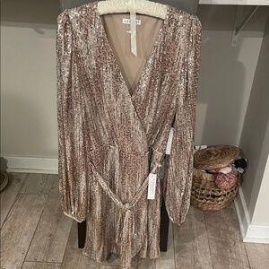 VENUS Shimmering Long Sleeve Dress in Gold and Brown